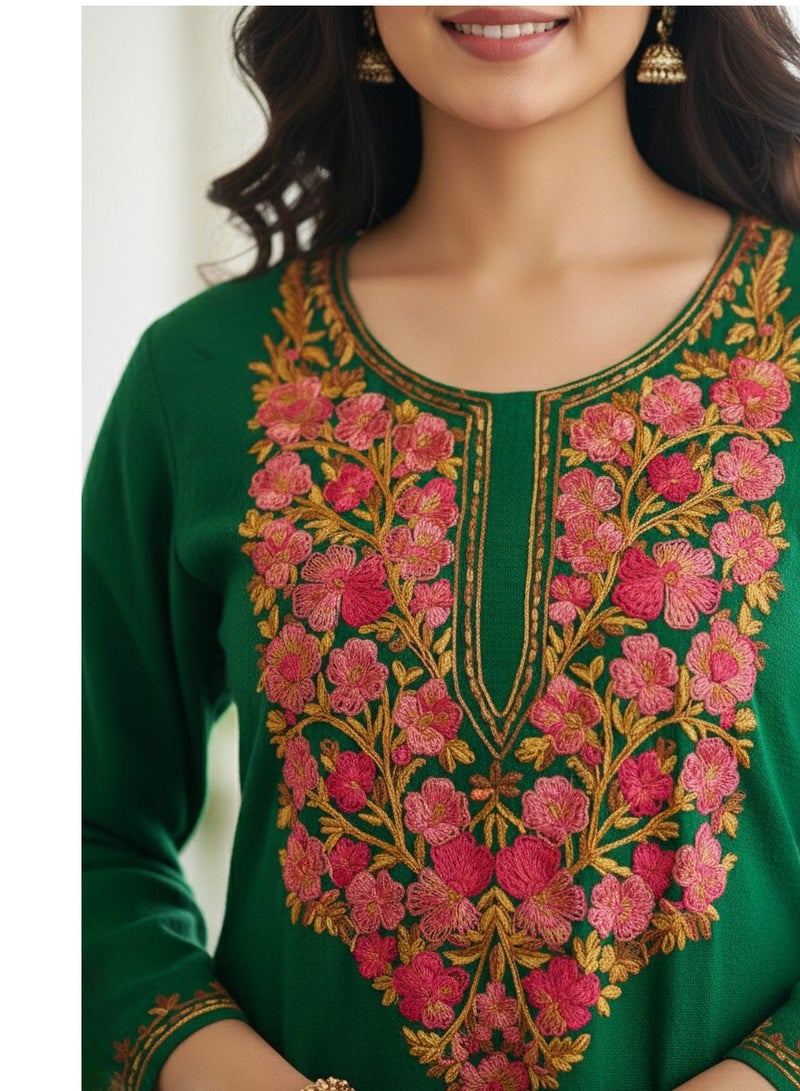 A.M Women's Kashmiri Embroidered, Green Tissue Winter Kurti with pant having Traditional Floral Design - Image 3